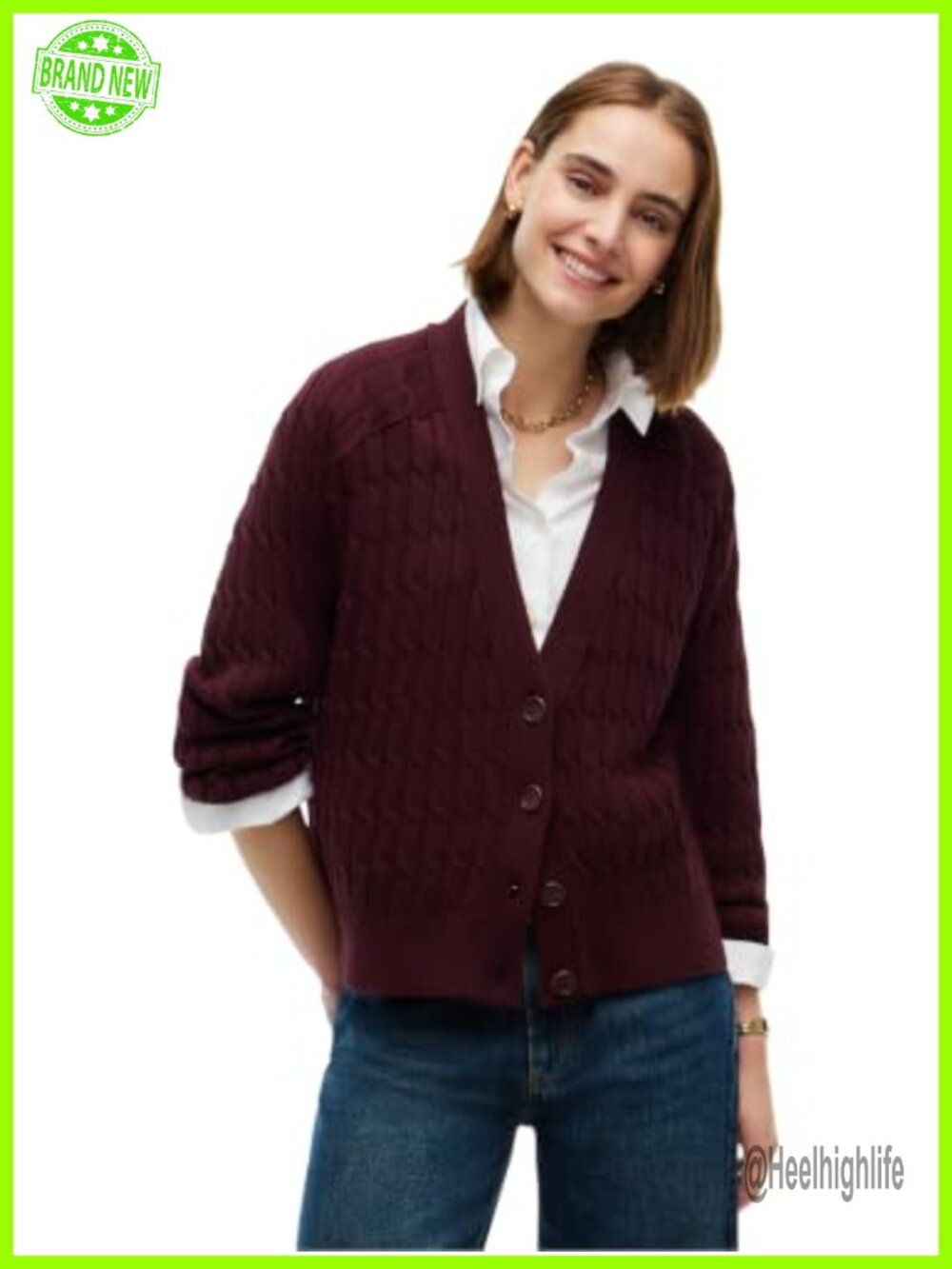 Cotton Cable Knit V-Neck Button Cardigan Sweater Long Sleeve